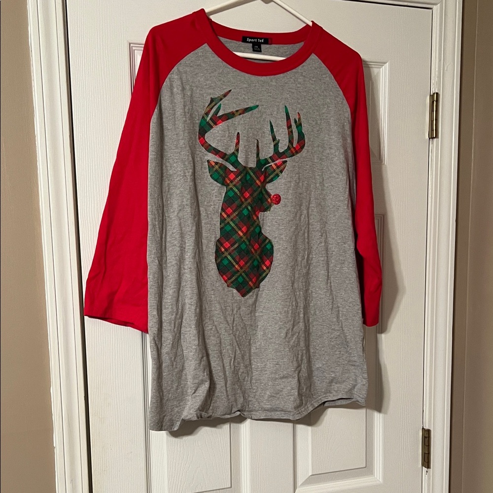 Sport-Tek Red and Gray Plaid Reindeer Long Sleeve Tee